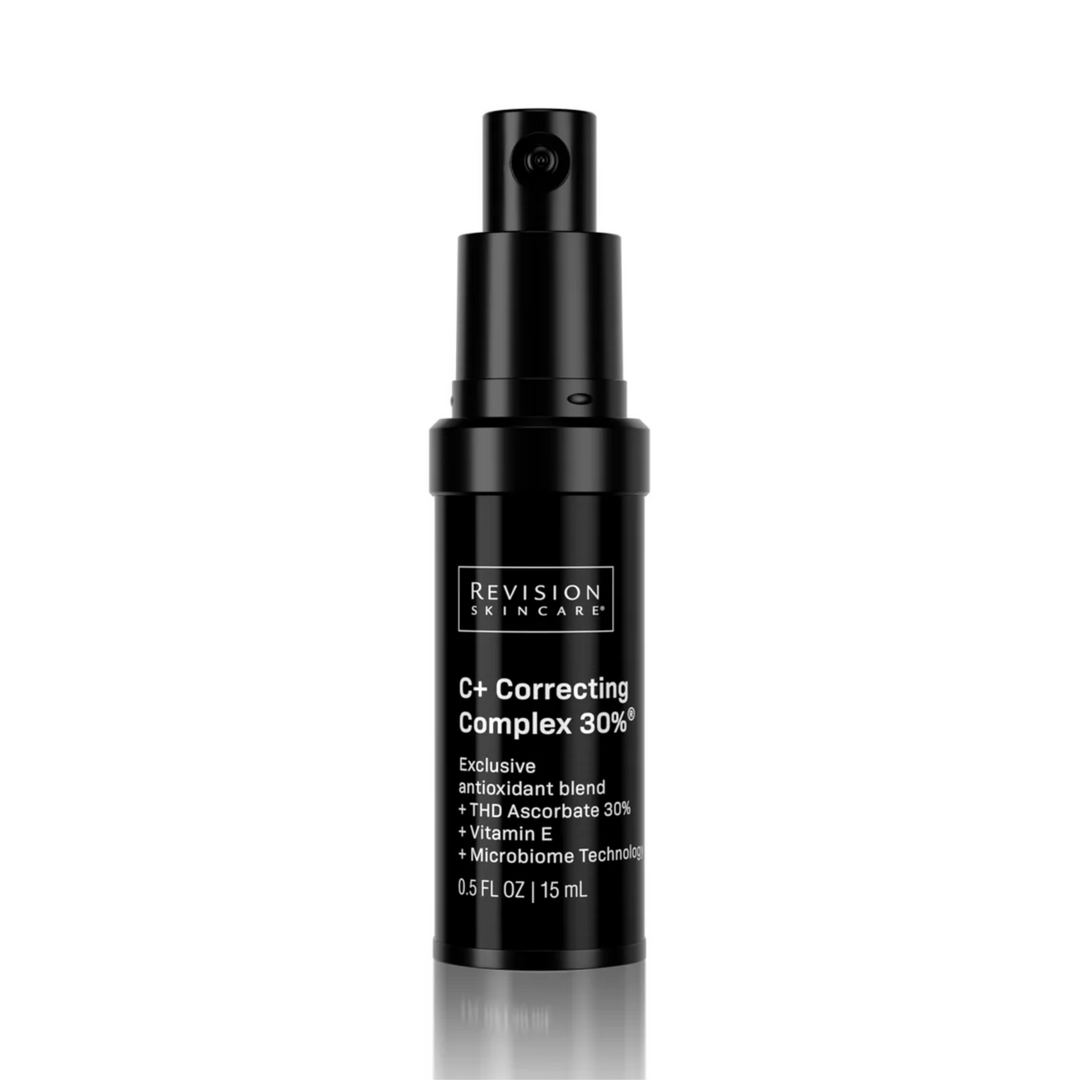 A black pump bottle of Revision Skincare C+ Correcting Complex 30%® 0.5 fl oz - GWP, with product details in white text, stands upright on a white background.