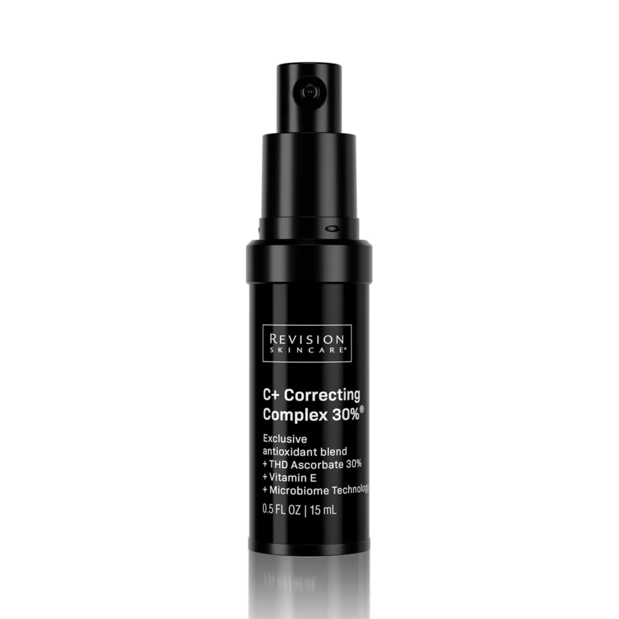 A black pump bottle of Revision Skincare C+ Correcting Complex 30%® 0.5 fl oz - GWP, with product details in white text, stands upright on a white background.