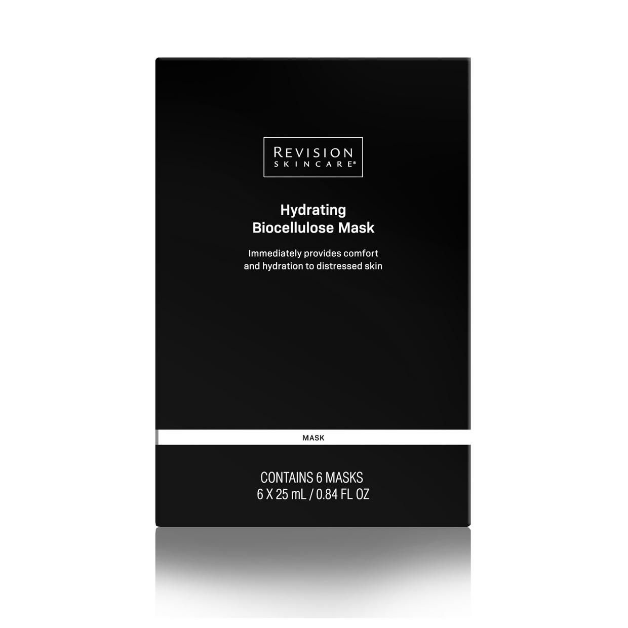 The Hydrating Biocellulose Mask by Revision Skincare provides cooling hydration and comfort for distressed or post-procedure skin. Each black box contains 6 masks (25 mL/0.84 fl oz each).