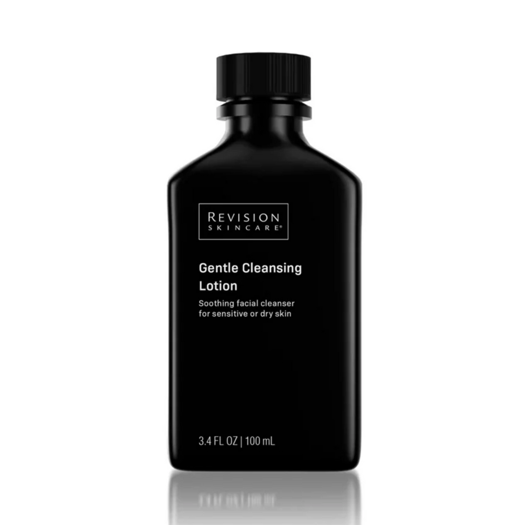 A black bottle of Revision Skincare Gentle Cleansing Lotion (3.4 fl oz) for dry or sensitive skin appears against a white background.
