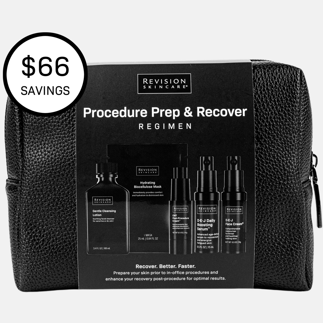 The Procedure Prep & Recover Regimen by Revision Skincare comes in a black textured cosmetic bag and supports your skincare routine pre- and post-procedure. A bold circular sign highlights $66 SAVINGS.