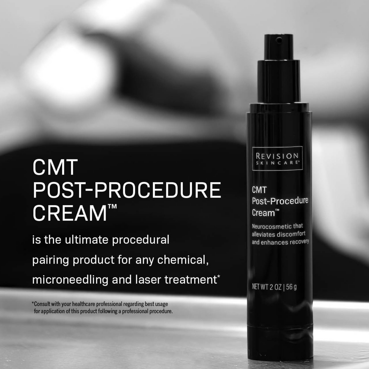 A black bottle of Revision Skincare Procedure Prep & Recover Regimen stands on a surface with a blurred background. Text highlights its support for post-procedure comfort and care as part of your skincare routine.