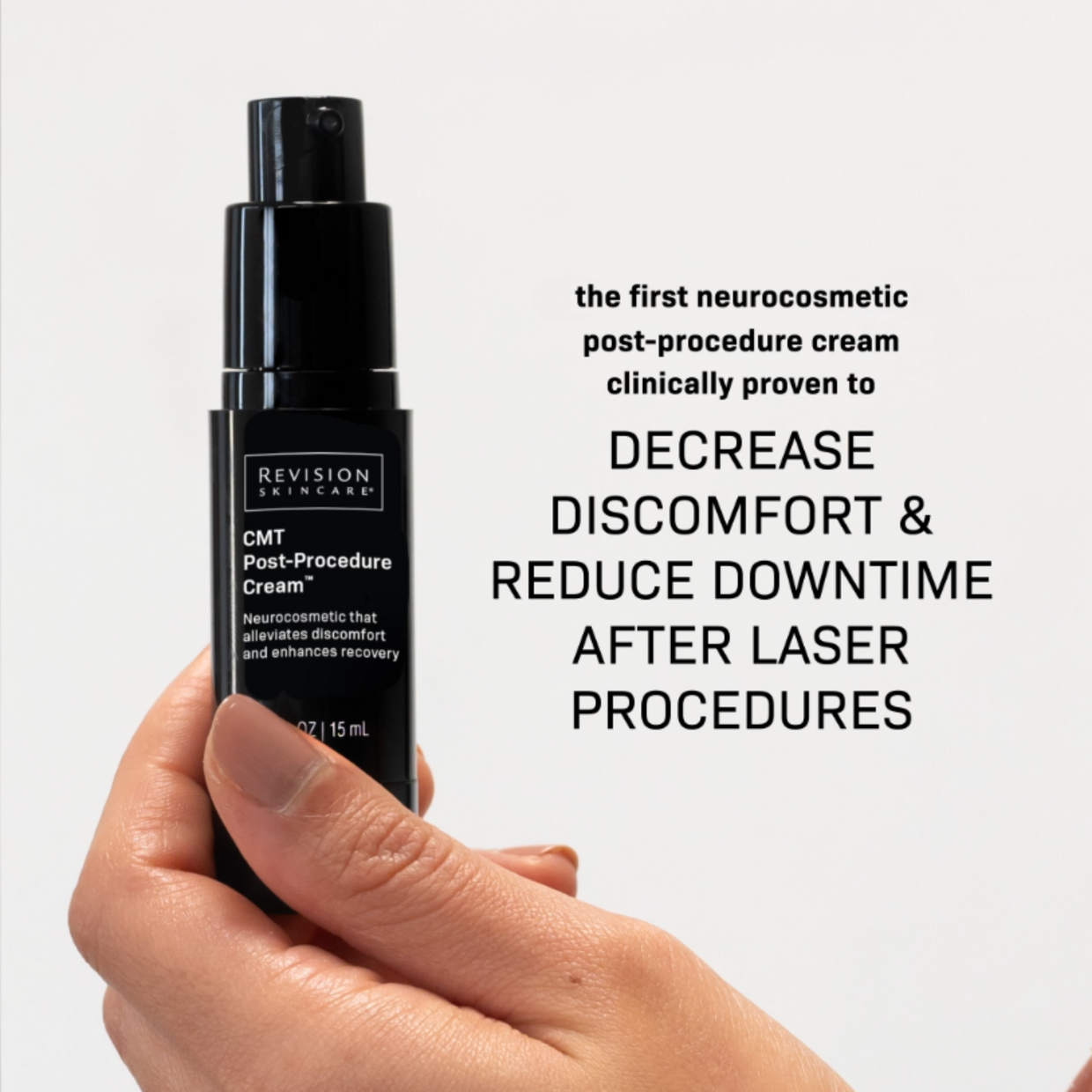 A hand holds a black bottle of Revision Skincare Procedure Prep & Recover Regimen. Text claims it decreases discomfort and reduces downtime after in-office procedures. The background is plain white.