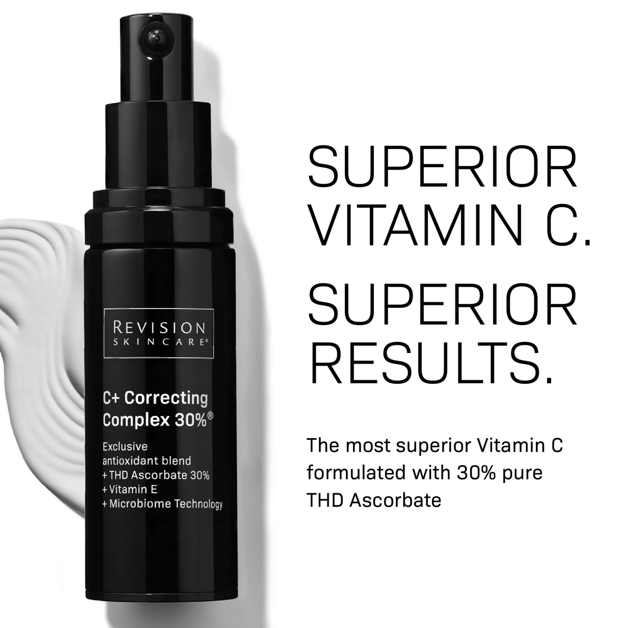A black bottle of Revision Skincare Healthy Glow Power Duo stands upright, emphasizing its Vitamin C treatment for radiant skin, as a white ceramic hand gently holds the product.