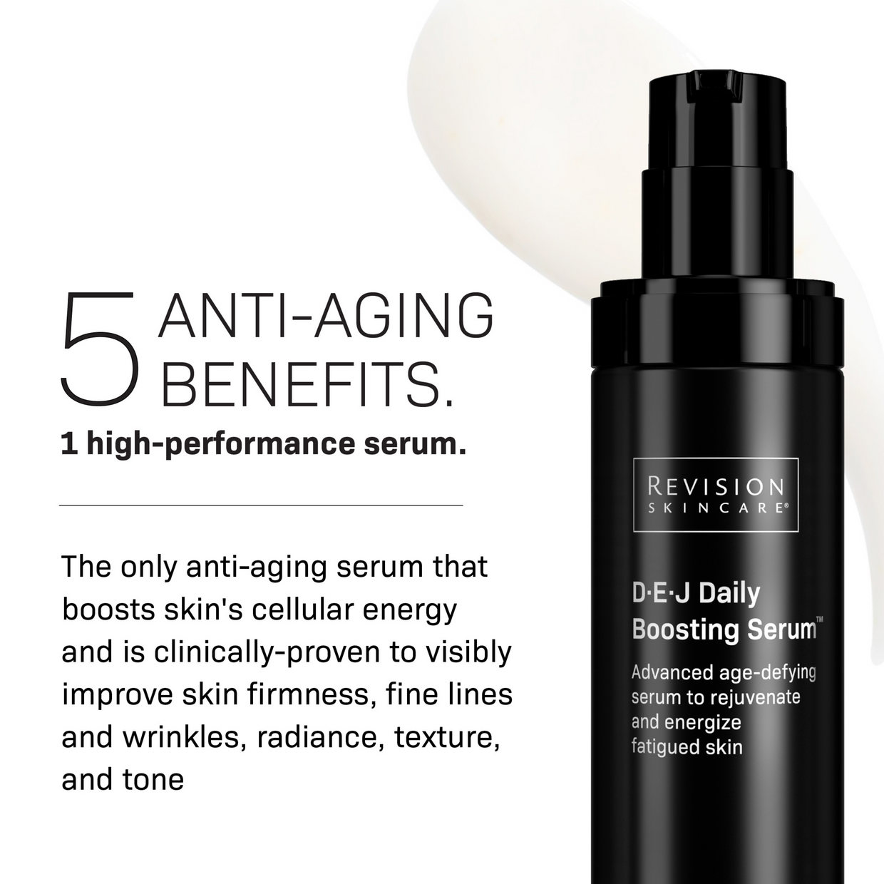 A black bottle of Revision Skincare’s Procedure Prep & Recover Regimen is shown with text highlighting 5 anti-aging benefits—improving firmness, reducing wrinkles, and enhancing skin texture and tone for a boosted skincare routine.