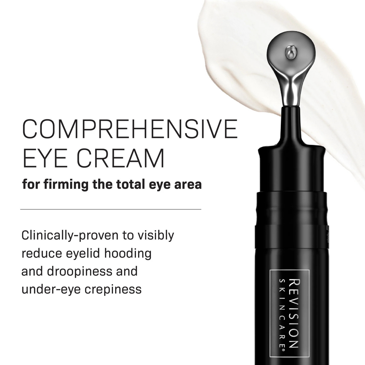 A black tube of Revision Skincares D·E·J® Age-Defying Power Regimen with a metal applicator is shown, along with cream and benefits text for firming the eye area and reducing hooding, droopiness, and crepiness.