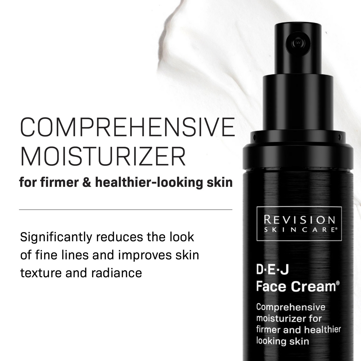 A black bottle of Revision Skincare D·E·J® Age-Defying Power Regimen is shown, described as a comprehensive solution that reduces fine lines, firms skin, and enhances texture and radiance for a healthier-looking complexion.