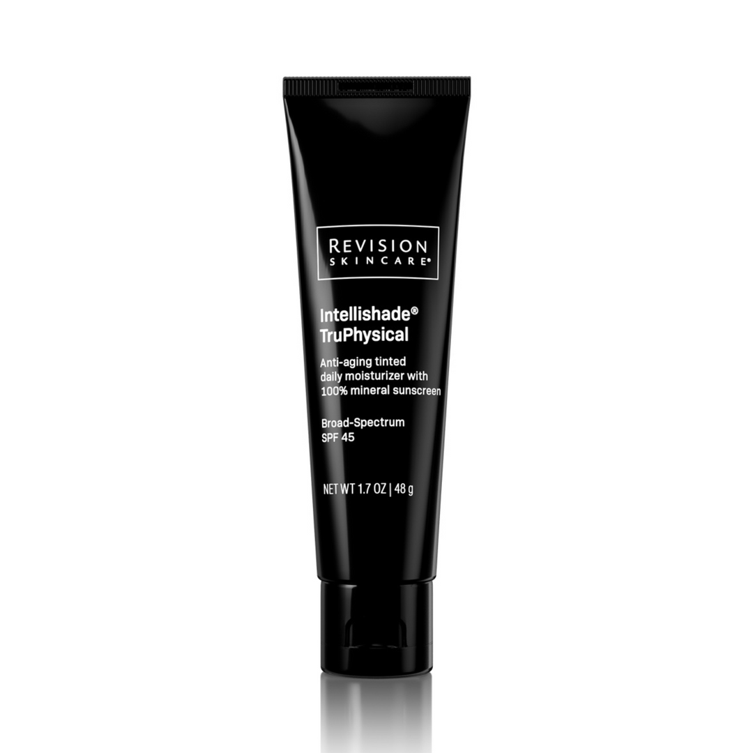 A black tube of Revision Skincare Intellishade® TruPhysical, an anti-aging moisturizer with broad-spectrum SPF 45 and 100% mineral sunscreen, 1.7 oz (48 g), is displayed on a white background.