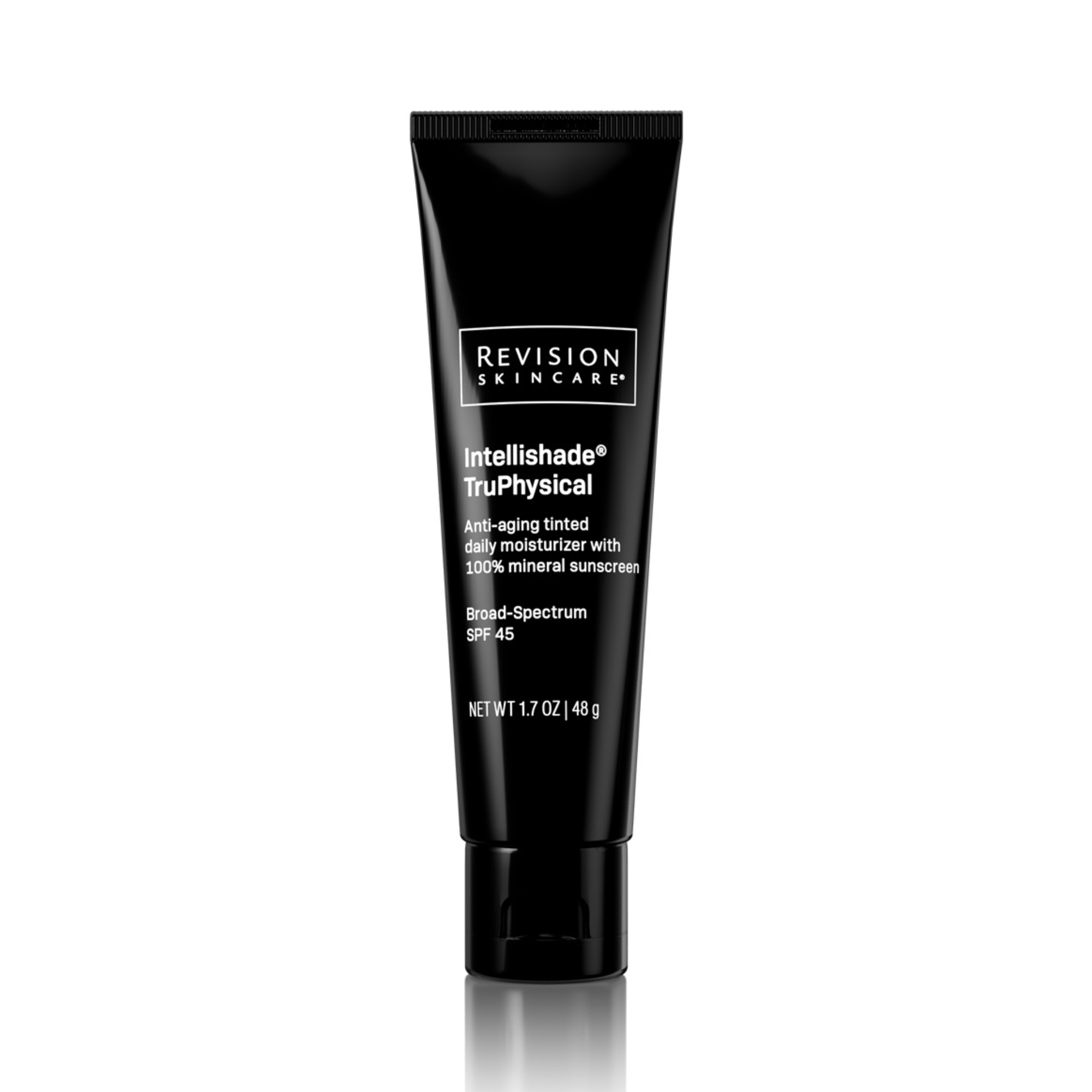 A black tube of Revision Skincare Intellishade® TruPhysical, an anti-aging moisturizer with broad-spectrum SPF 45 and 100% mineral sunscreen, 1.7 oz (48 g), is displayed on a white background.