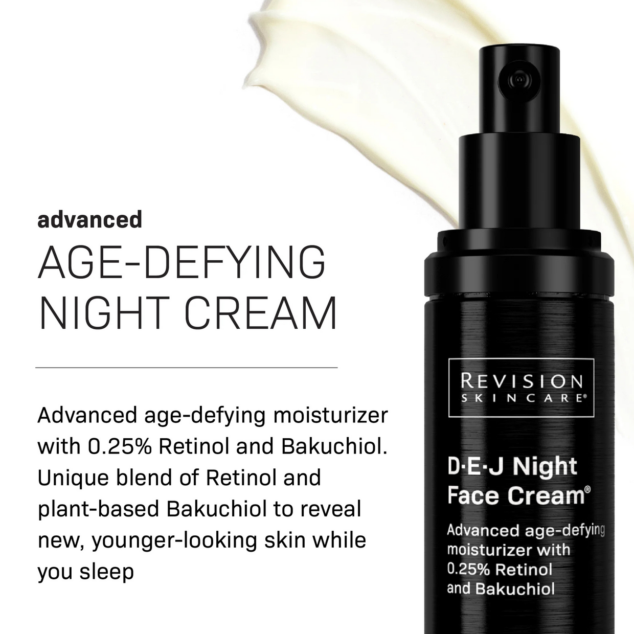 The black bottle of Revision Skincare D·E·J® Age-Defying Power Regimen features 0.25% retinol and Bakuchiol to promote youthful skin, standing out among top anti-aging products with a cream smear in the background.