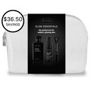 A white zippered pouch with a black label holds the Revision Skincare Glow Essentials Gift Set, offering a brightening facial wash, anti-aging serum, and lip plumper—a trio for glowing skin with $36.50 in savings.