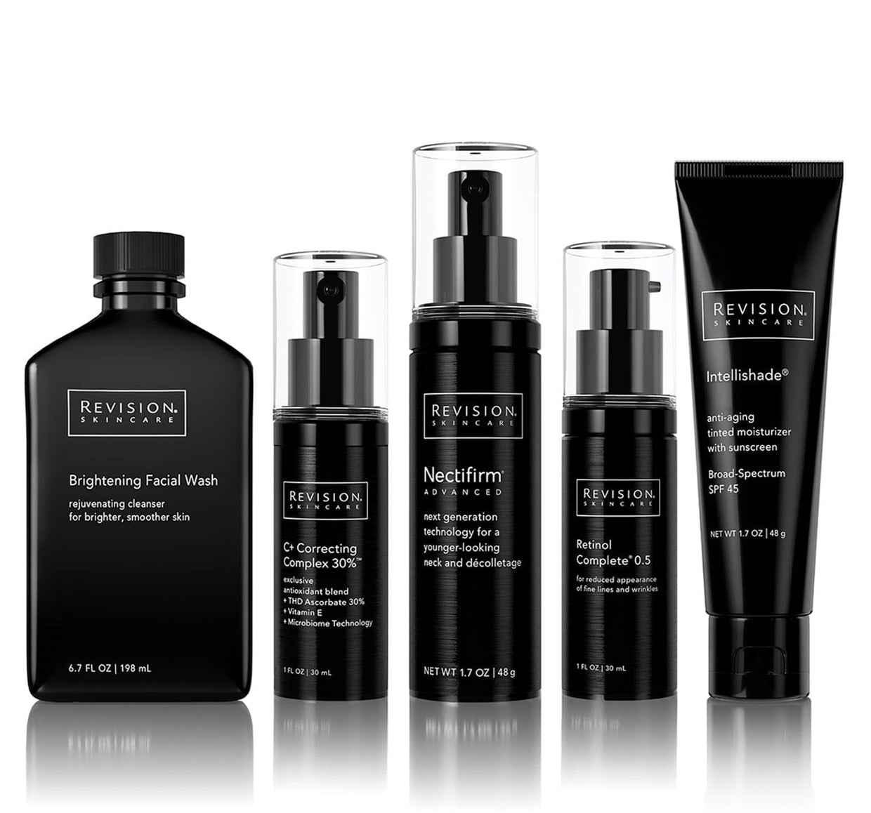 The Brightening Full Size Regimen by Revision Skincare features five products for a radiant, even complexion: Brightening Facial Wash, C+ Correcting Complex 30%, Nectifirm Advanced, Retinol Complete 0.5, and Intellishade moisturizer.