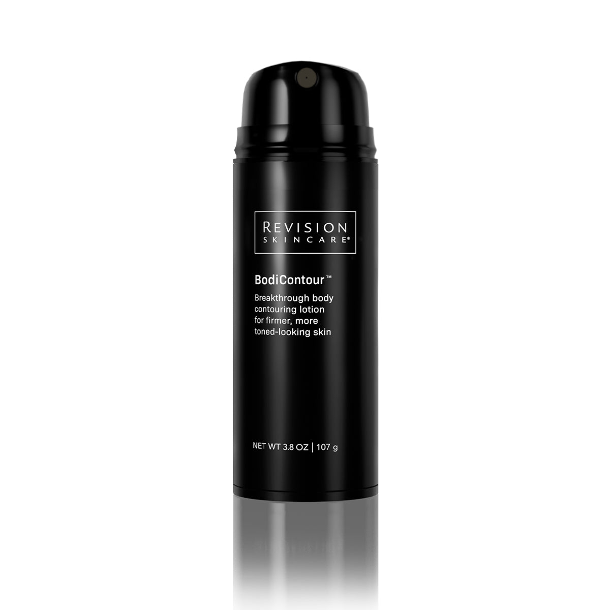 A black Revision Skincare BodiContour™ bottle with a pump top stands upright on a white background. The label features iFirm® Technology for firmer, more toned-looking skin.