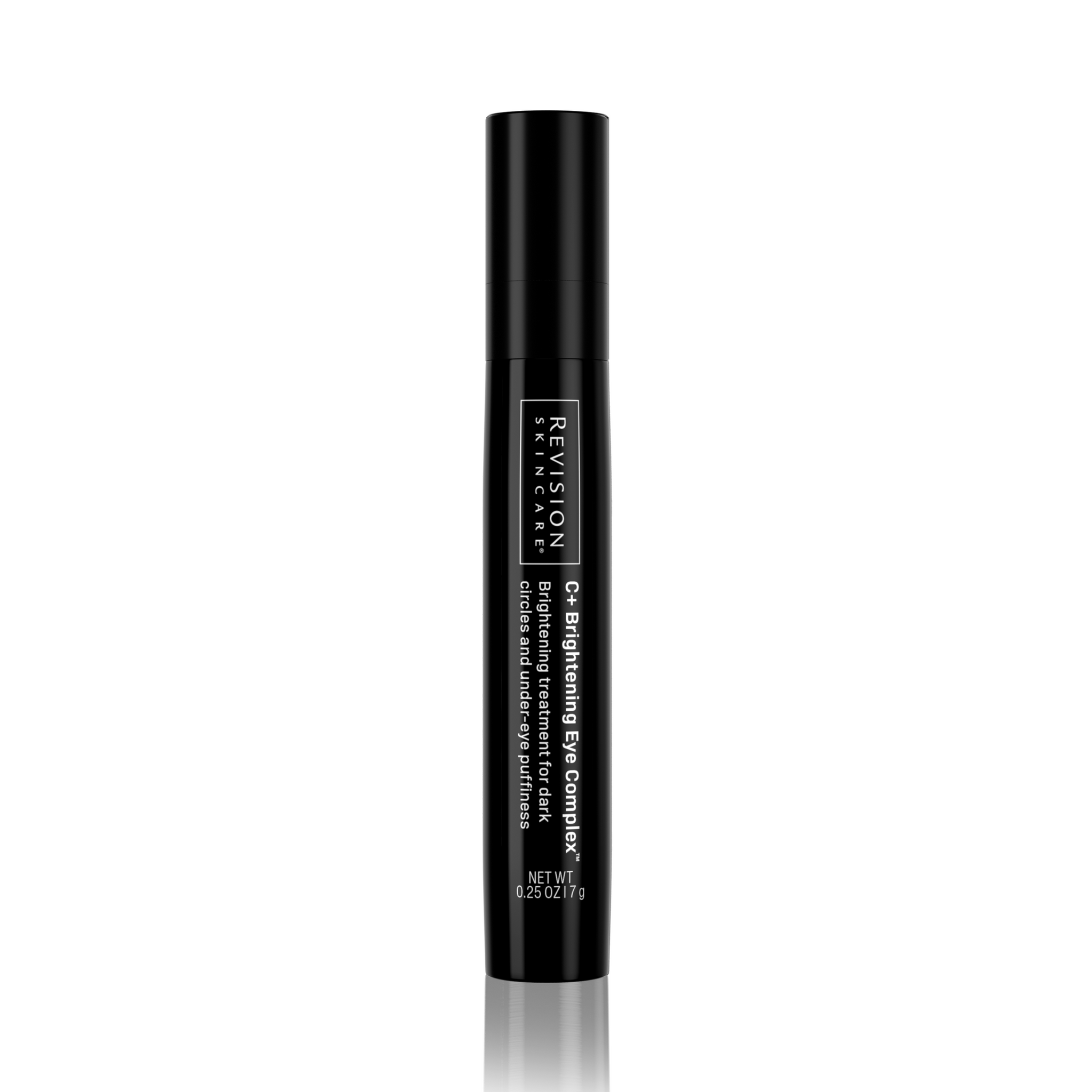 A black tube of Revision Skincare C+ Brightening Eye Complex™ 0.5 oz stands upright on a white background, featuring a white label. This product is formulated to reduce dark circles and under-eye puffiness.