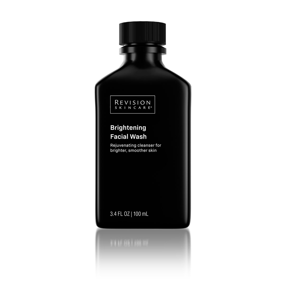 A black plastic bottle from the Revision Skincare Glow Essentials Gift Set (RSC), 3.4 fl oz (100 mL), is shown on a white background.