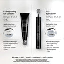 Two black skincare tubes, Revision Skincare’s C+ Brightening Eye Complex™ 0.5 oz and D·E·J Eye Cream, with metal tips are shown against a light background. Both brightening creams help reduce dark circles and puffiness for all skin types.