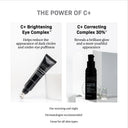 Two skincare products are shown: Revision Skincare C+ Brightening Eye Complex™ (targets under-eye puffiness and dark circles) and C+ Correcting Complex 30% (for a brilliant glow), with usage tips and benefits listed below.