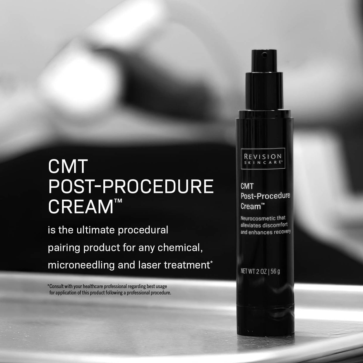 A black bottle of Revision Skincare’s CMT Post-Procedure Cream™ sits on a surface, background blurred. Text highlights its neurocosmetic technology to reduce downtime after chemical, microneedling, or laser treatments.