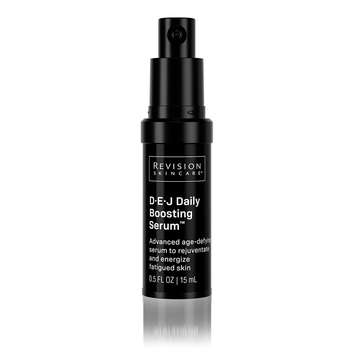 A black 15 mL bottle of Revision Skincare Glow Essentials Gift Set (RSC) with a pump dispenser features white text describing it as an advanced age-defying serum to rejuvenate and hydrate tired skin.