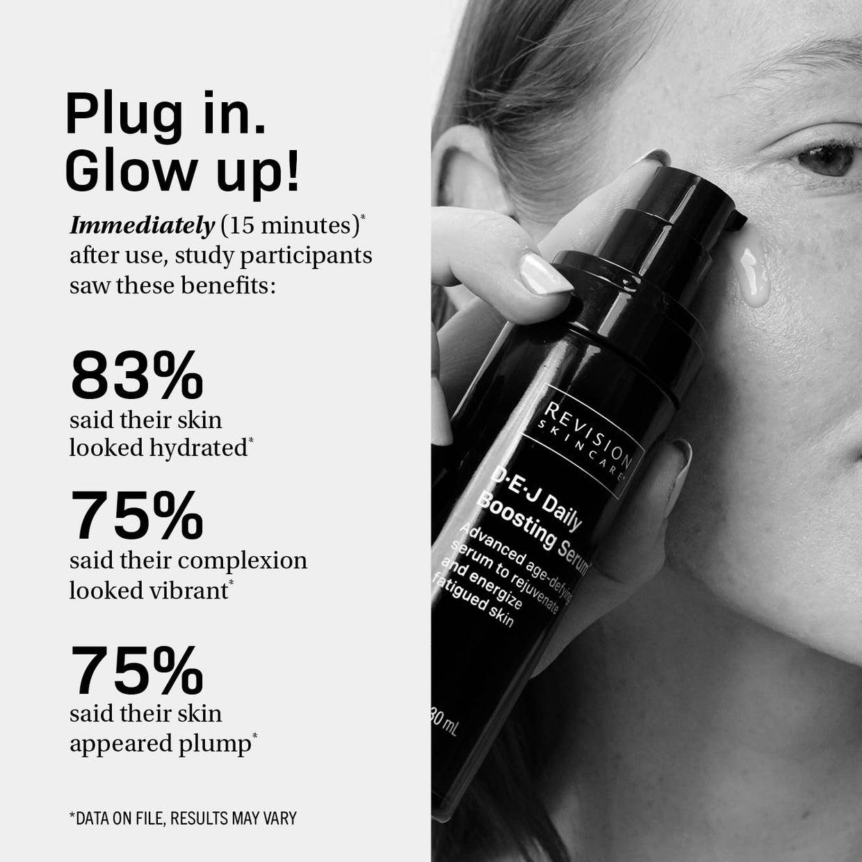 Black and white photo of a woman applying Revision Skincare D·E·J Daily Boosting Serum® 2 fl oz. Study results: 83% saw more hydrated skin, 75% noticed more vibrant skin, and 75% experienced plumper, firmer skin.