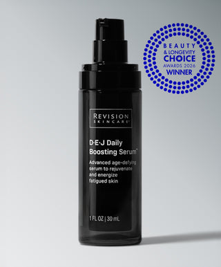 Housed in a sleek black bottle with a black label, Revision Skincare’s D·E·J Daily Boosting Serum® is formulated to boost skin’s cellular energy and deliver a revitalized-looking complexion.