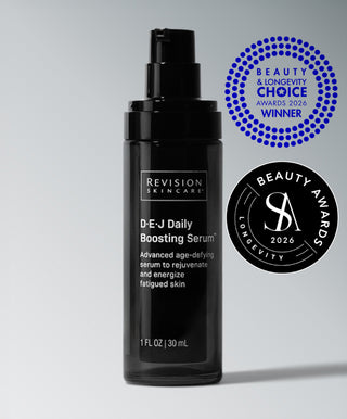 A black bottle of D·E·J Daily Boosting Serum® by Revision Skincare, an anti-aging serum that boosts skin’s cellular energy, with Beauty & Longevity Choice Awards 2026 Winner and Beauty Awards Longevity 2026 logos.