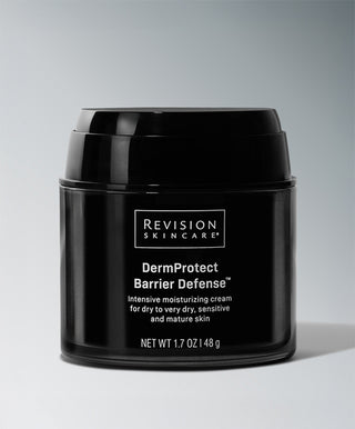 A black jar of Revision Skincare DermProtect Barrier Defense™ moisturizer for dry, sensitive, and mature skin, offering intensive hydration and barrier repair. Net wt. 1.7 oz (48 g) on a gray background.