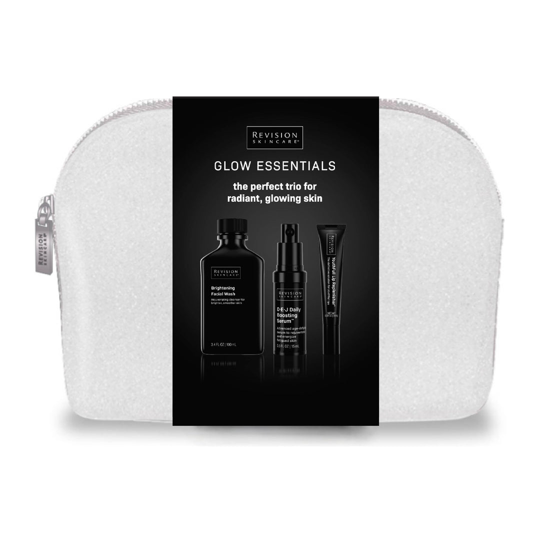 The Glow Essentials Gift Set (RSC) by Revision Skincare includes three skincare essentials in a white zippered pouch, designed to brighten and hydrate your skin for a radiant complexion.
