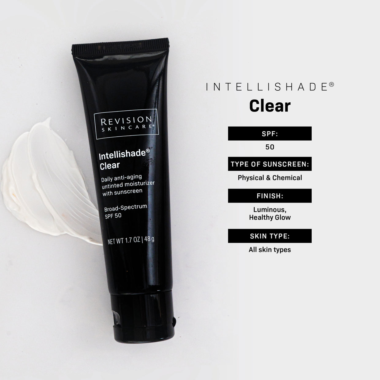 Intellishade Clear sunscreen tube with product details on a white background