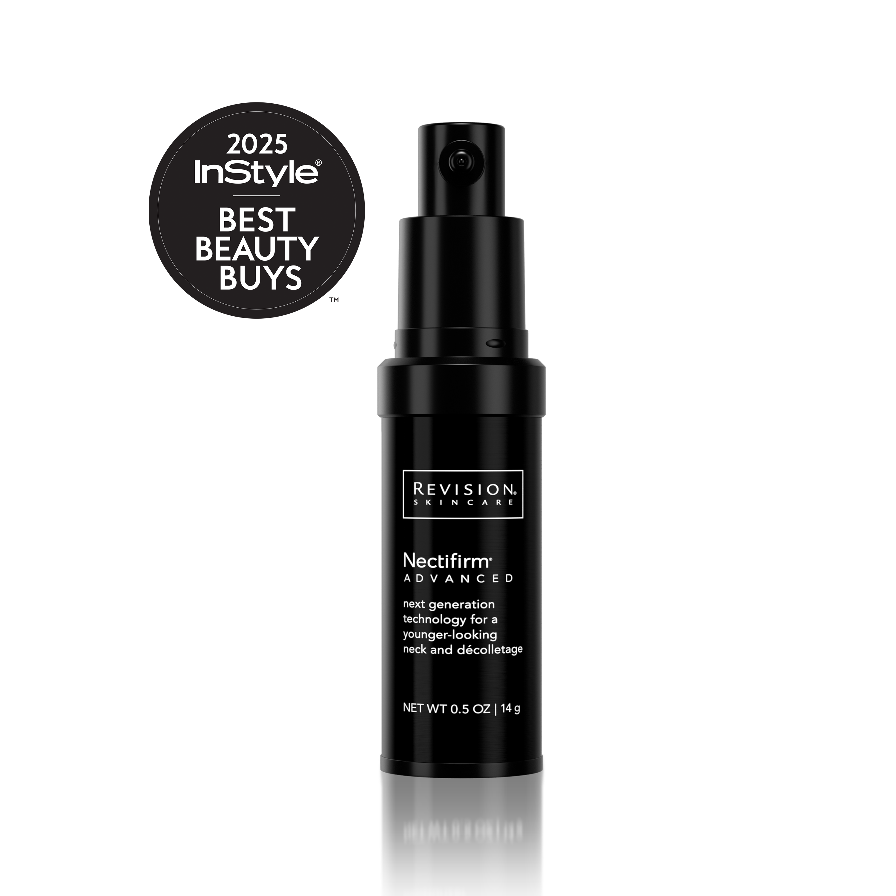 A black bottle of Revision Skincare Nectifirm® ADVANCED for neck and décolletage is shown next to a 2025 InStyle Best Beauty Buys badge on a white background.