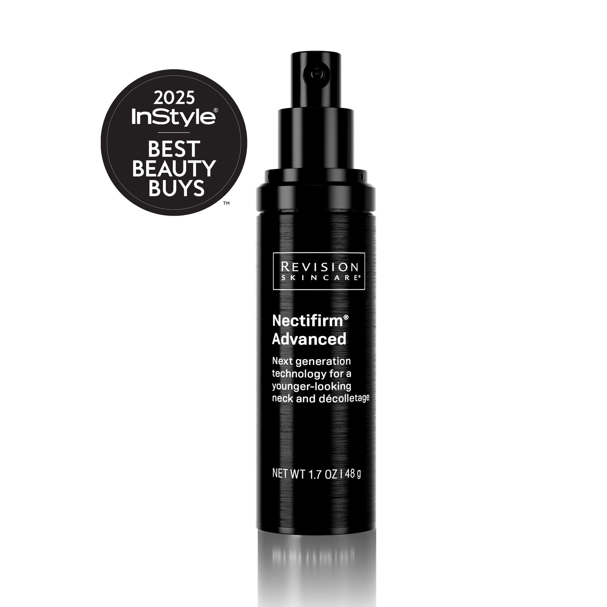 A black pump bottle of Nectifirm® ADVANCED by Revision Skincare sits next to a 2025 InStyle Best Beauty Buys badge, showcasing its Microbiome technology for a youthful-looking neck and décolleté.