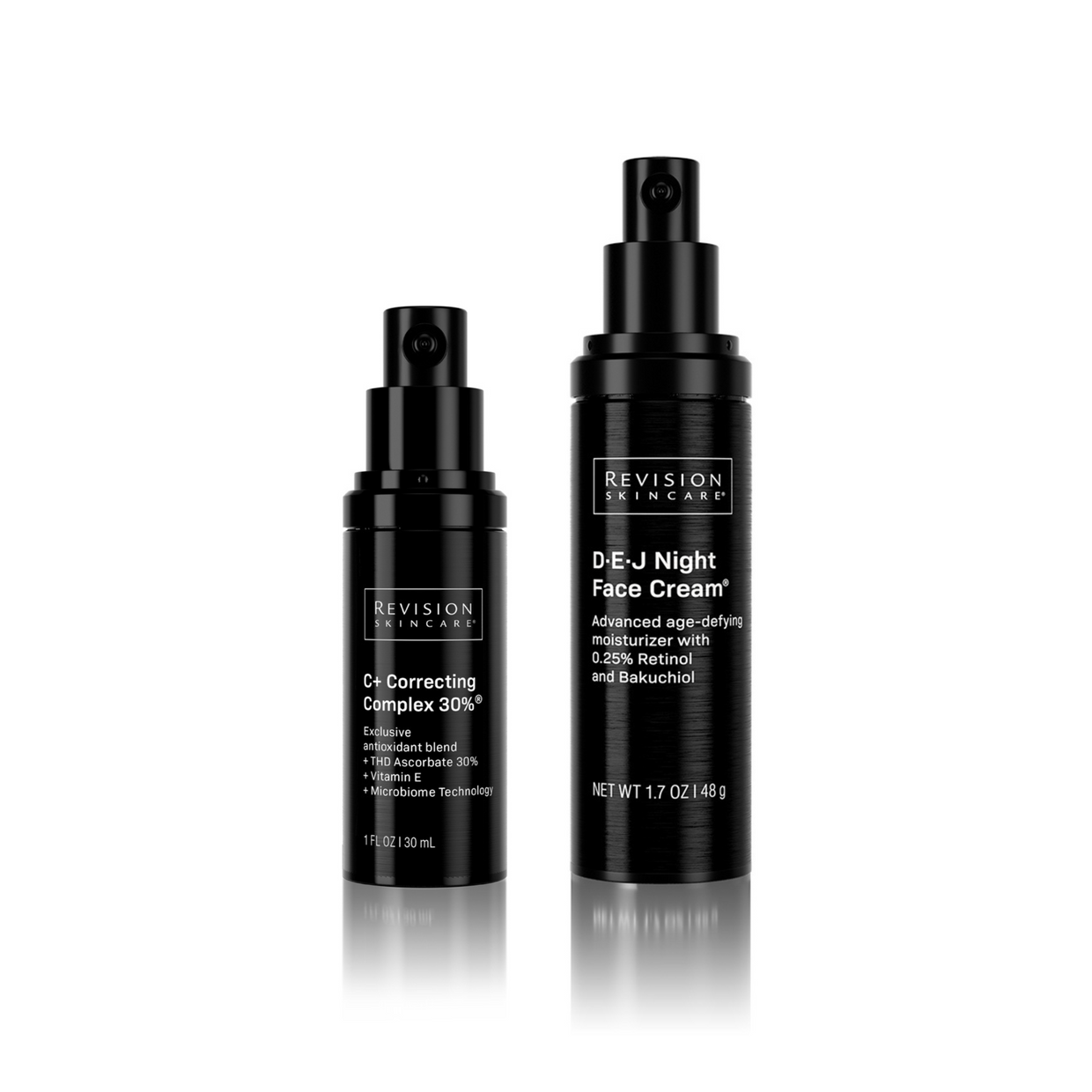 Revision Skincare Healthy Glow Power Full-Size Regimen features C+ Correcting Complex 30% (1 fl oz) and D·E·J Night Face Cream (1.7 oz) with pump dispensers, shown on a white background for radiant, healthy skin.