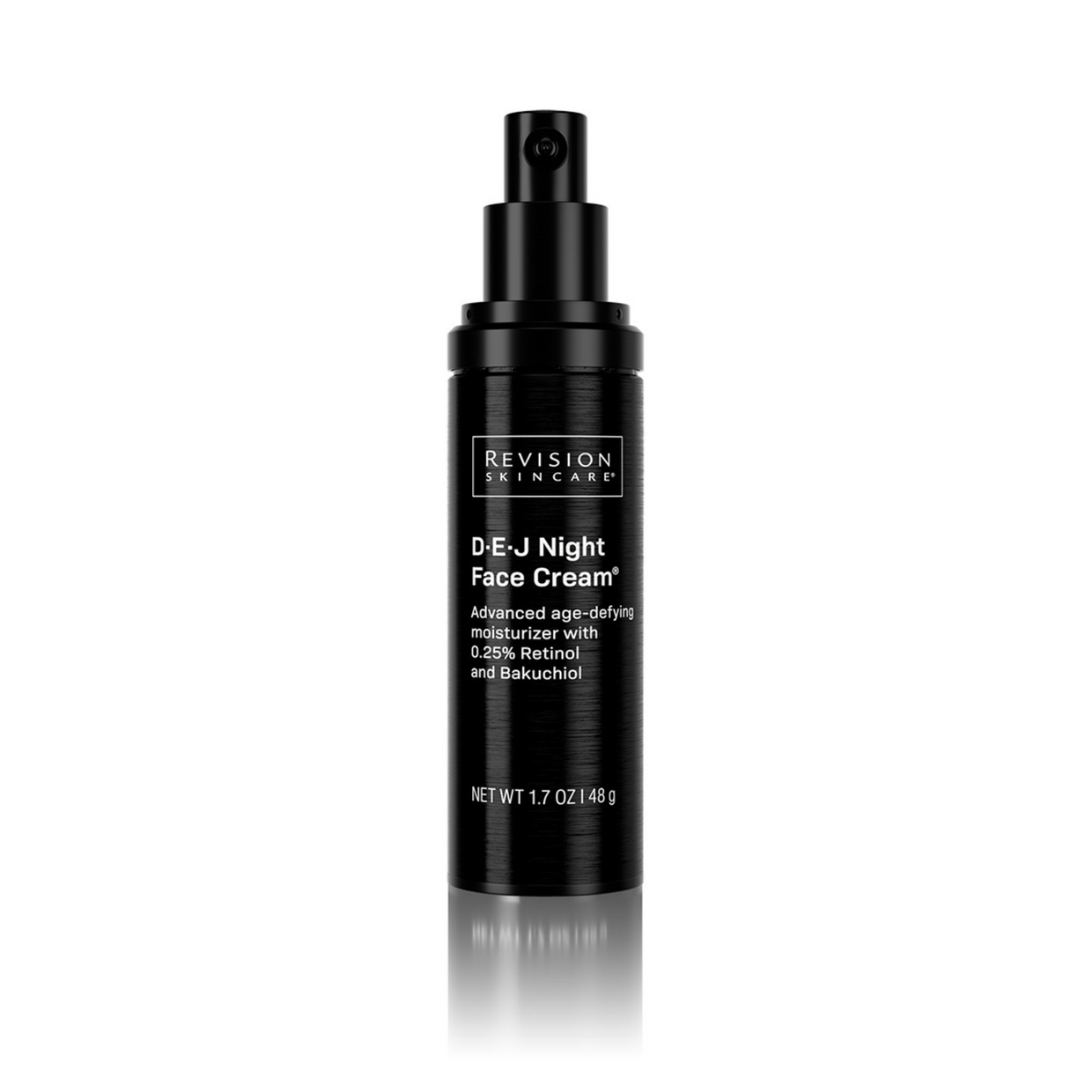 A 1.7 oz (48 g) black bottle of Revision Skincare D·E·J Night Face Cream® with a pump, featuring 0.25% retinol and bakuchiol for advanced nighttime age-defying care.