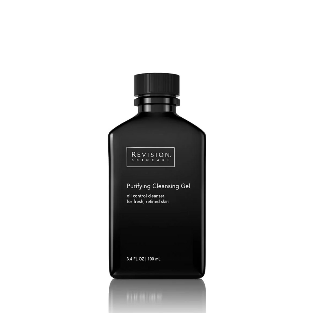 A black plastic Revision Skincare Purifying Cleansing Gel 3.4 fl oz bottle with a black screw cap and white label text, ideal for oily skin with salicylic acid, stands upright on a white background.
