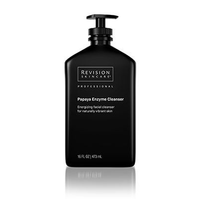 A black pump bottle labeled Revision Skincare Papaya Enzyme Cleanser 16oz – Gift, offering gentle exfoliation with Papaya Fruit Extract for naturally vibrant skin.
