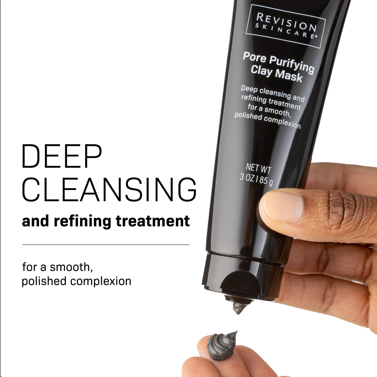 A hand squeezes a black tube of Revision Skincare Pore Purifying Clay Mask, releasing gray cream, as text highlights its ability to unclog and refine pores for a smoother-looking complexion.