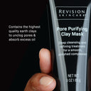 A hand holds Revision Skincare’s Pore Purifying Clay Mask, a black 3 oz (85 g) tube with white text. Earth clays in the formula unclog pores, absorb excess oil, and refine the appearance of pores.