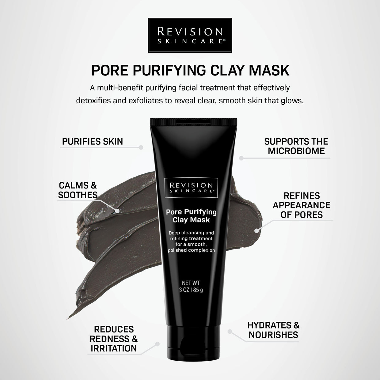 The Revision Skincare Pore Purifying Clay Mask is shown with benefits like skin purification, hydration, microbiome support, calming, reduced redness, and pore refinement. Gray clay is smeared behind the tube.
