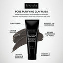 The Revision Skincare Pore Purifying Clay Mask is shown with benefits like skin purification, hydration, microbiome support, calming, reduced redness, and pore refinement. Gray clay is smeared behind the tube.