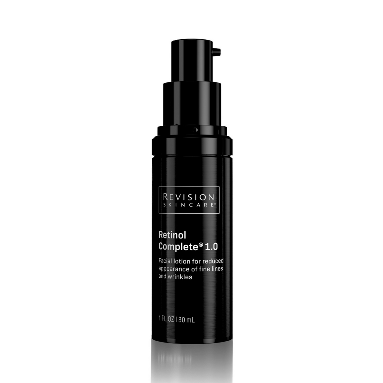 A 1 fl oz black bottle of Revision Skincare Retinol Complete® 1.0 anti-aging serum with pump dispenser, designed to reduce fine lines, wrinkles, and brighten skin.
