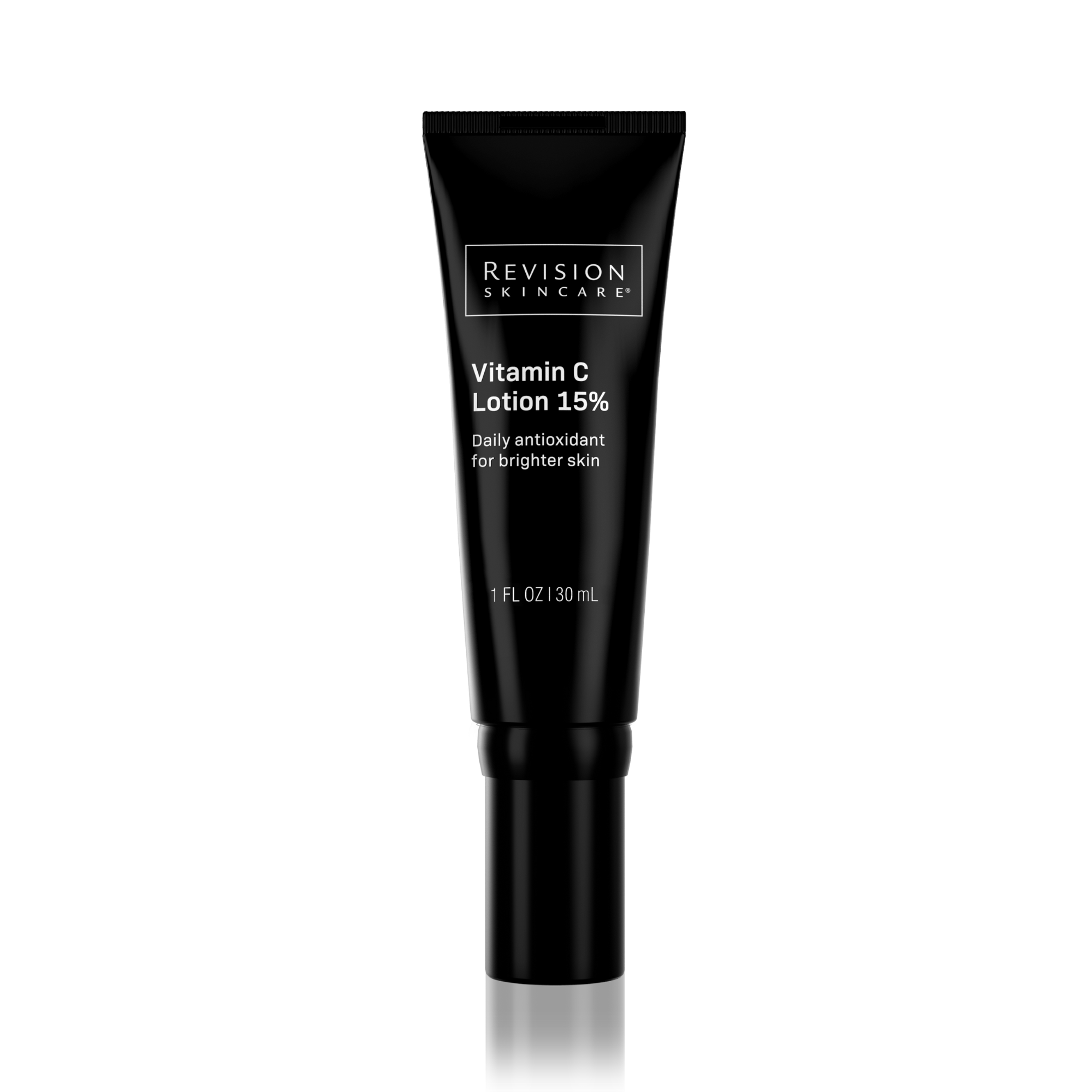 A black tube labeled Revision Skincare Vitamin C Lotion with 15% THD Ascorbate, reading Daily antioxidant for brighter skin, 1 FL OZ (30 mL), is shown on a white background.