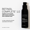 A sleek black bottle of Revision Skincare Retinol Complete® 1.0 (1 fl oz) stands upright on a light background, showcasing its advanced formula to brighten skin, smooth texture, boost hydration, and reduce retinol-induced dryness.