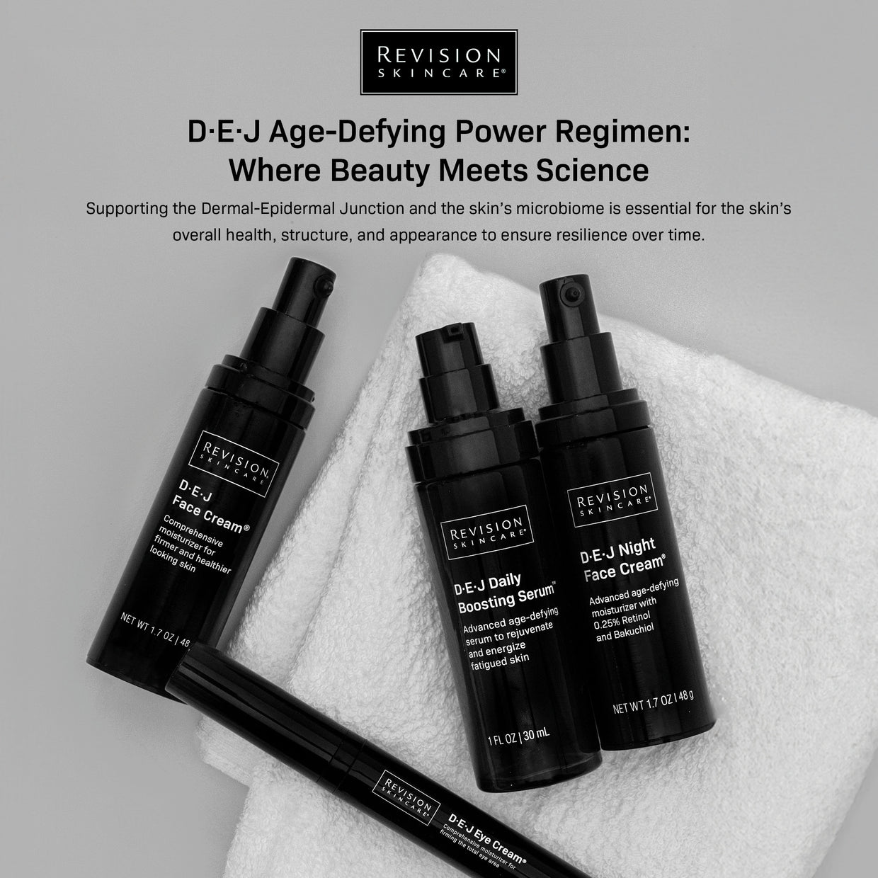 The Revision Skincare D·E·J® Age-Defying Power Full-Size Regimen, featuring four products, is displayed on a white towel with a skincare regimen description above, set against a gray background.