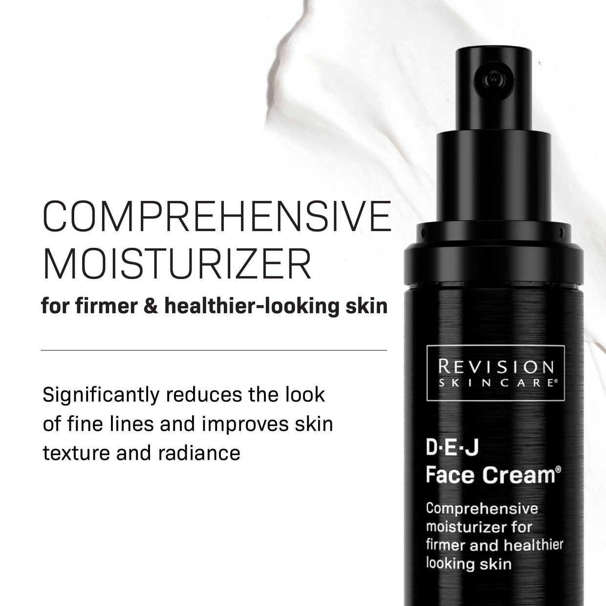 A black bottle of Revision Skincare’s D·E·J® Age-Defying Power Full-Size Regimen is shown, highlighting this comprehensive moisturizer for firmer, healthier-looking skin that reduces fine lines and enhances texture and radiance.