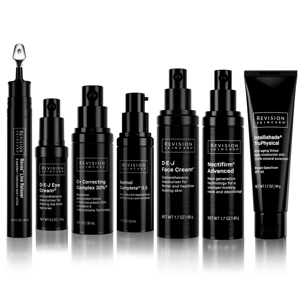 Seven black bottles and tubes from the Revision Skincare “The Revision Ritual Full Size Regimen” are arranged in a row on a white background, showcasing anti-aging moisturizers, creams, sunscreens, and a peptide-rich serum.