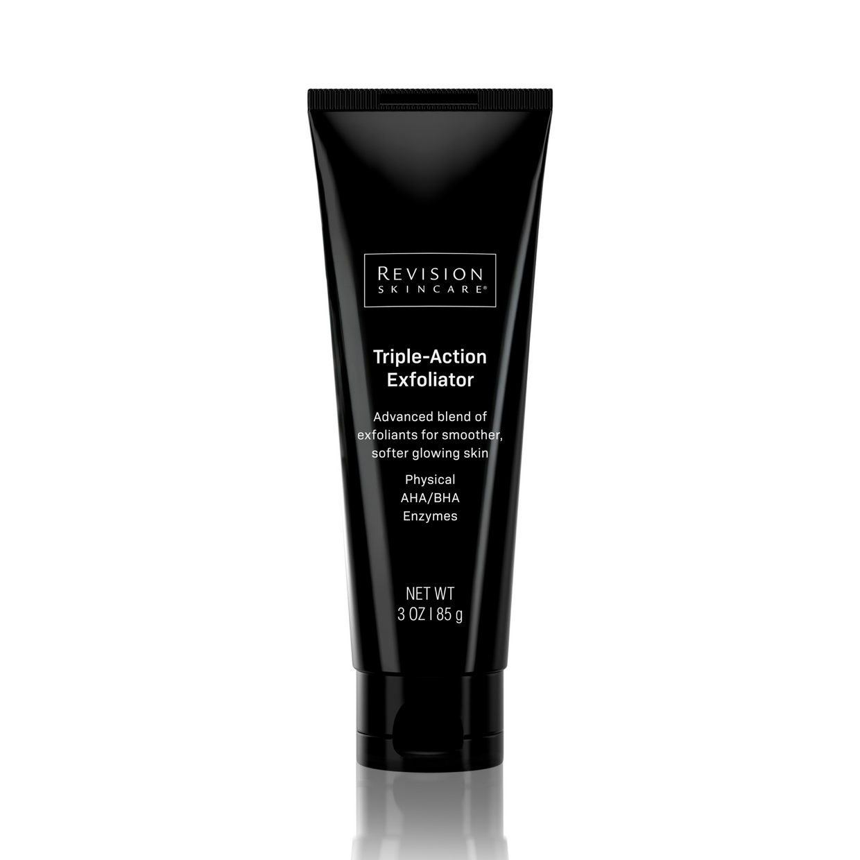 A 3 oz (85 g) black tube of Revision Skincare Triple-Action Exfoliator with white text; the label notes physical and chemical exfoliants plus pomegranate enzymes for smoother, radiant skin.