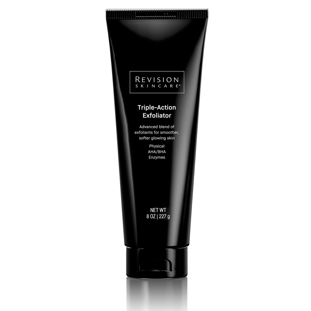 A black tube of Revision Skincare Triple-Action Exfoliator stands upright against a white background, with white text showcasing the power of chemical exfoliants and pomegranate enzymes.