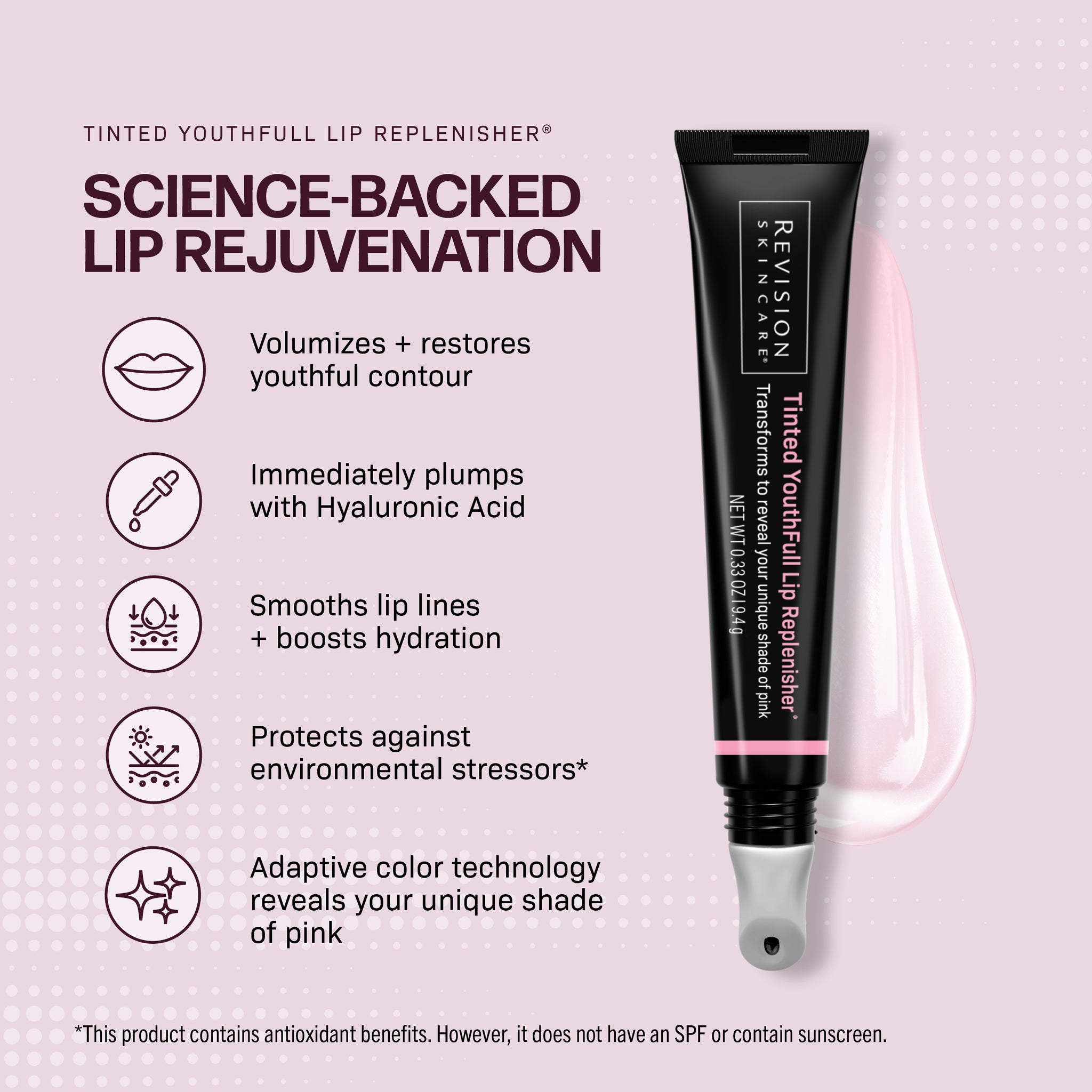 A tube of Revision Skincare Tinted YouthFull Lip Replenisher®, a hydrating lip treatment with volumizing, pH-reactive technology for adaptive color and antioxidant protection, shown with icons on a pink background.
