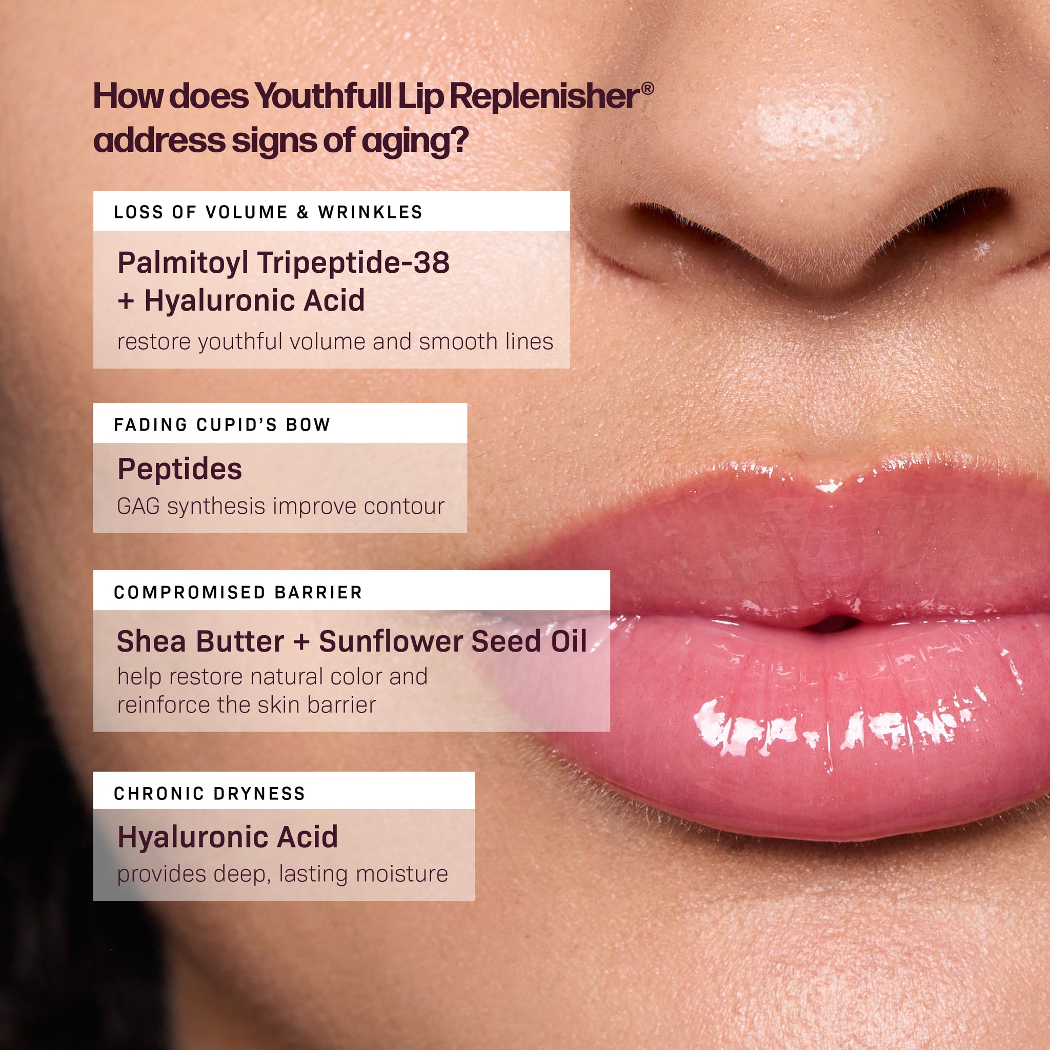 Close-up of a womans lips with text boxes describing how Revision Skincares Tinted YouthFull Lip Replenisher® boosts volume, fades lines, restores the skin barrier, and deeply moisturizes with pH-reactive tint and hyaluronic acid.