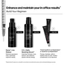 A skincare regimen guide shows a syringe next to three Revision Skincare products: Revox Line Relaxer, D·E·J Daily Boosting Serum, and Tinted YouthFull Lip Replenisher®, with usage times labeled AM/PM.